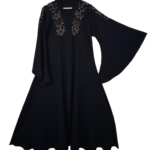 Elegant Black Open Abaya with Embroidered Neckline & Wide Sleeves