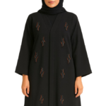 Women’s Elegant Black Embellished Abaya – Modest Open Front Design with Subtle Bead Detailing