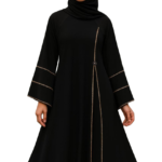 Elegant Black Abaya with Gold Trim Detailing – Modest A-Line Islamic Dress for Women